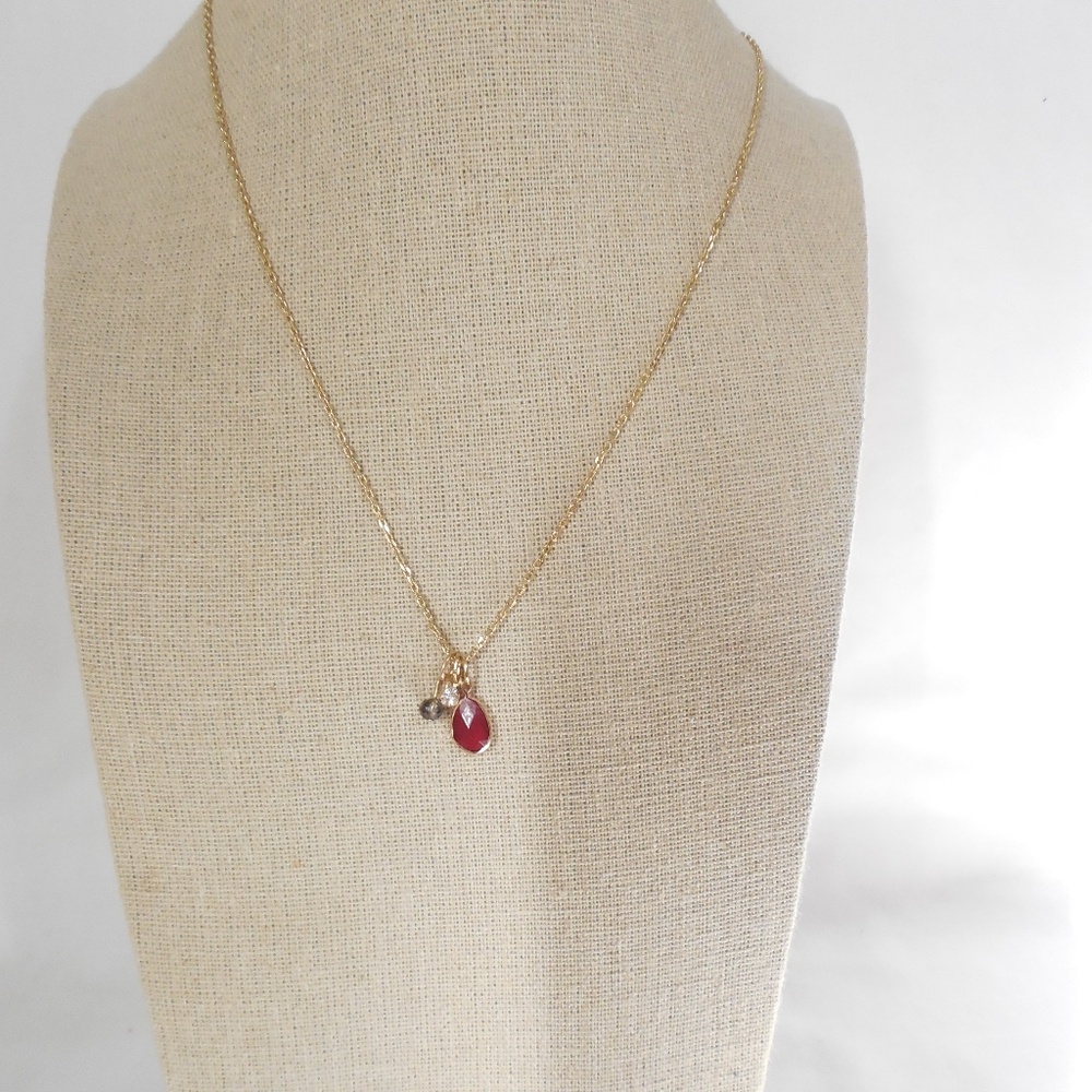 Gold Tone Red Stone Charm Necklace